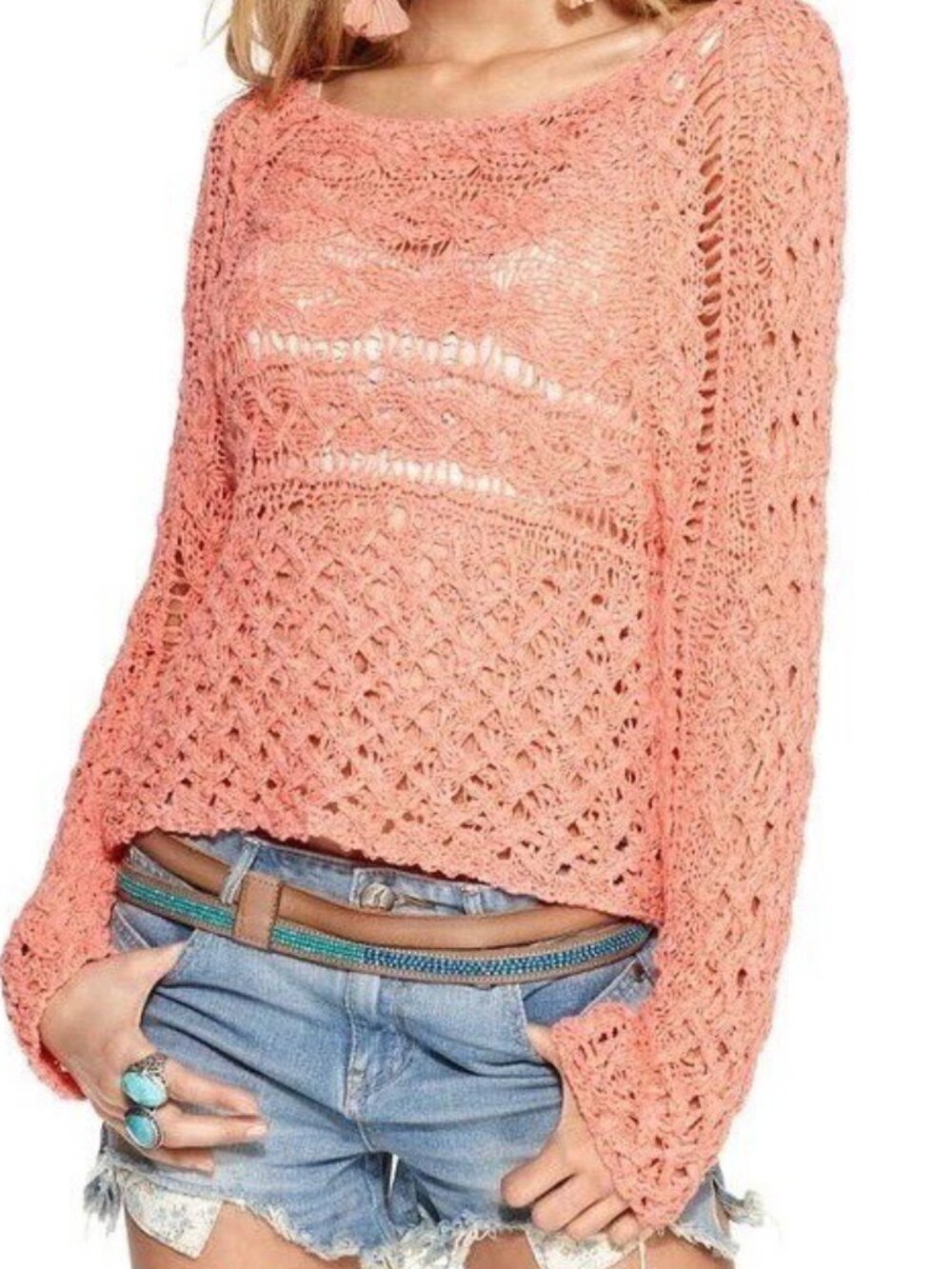 Free People Coral Pink Open Knit V-Neck Sweater Size M